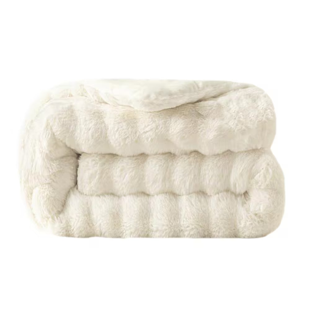 LATB Furry Plush Cream Faux Fur Throw Blanket 50 X 60 In. Cozy Blanket