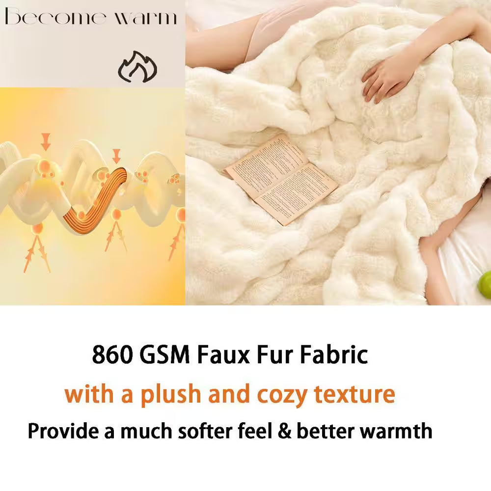 LATB Furry Plush Cream Faux Fur Throw Blanket 50 X 60 In. Cozy Blanket