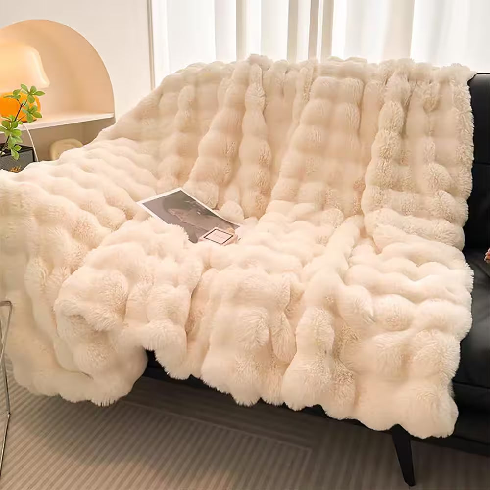 LATB Furry Plush Cream Faux Fur Throw Blanket 50 X 60 In. Cozy Blanket