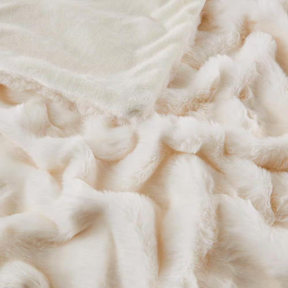 LATB Furry Plush Cream Faux Fur Throw Blanket 50 X 60 In. Cozy Blanket
