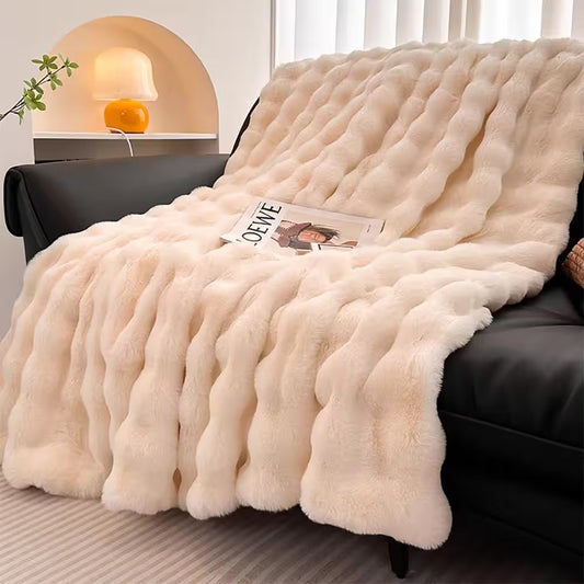 LATB Furry Plush Cream Faux Fur Throw Blanket 50 X 60 In. Cozy Blanket