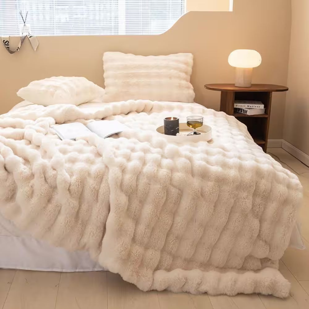 LATB Furry Plush Cream Faux Fur Throw Blanket 50 X 60 In. Cozy Blanket